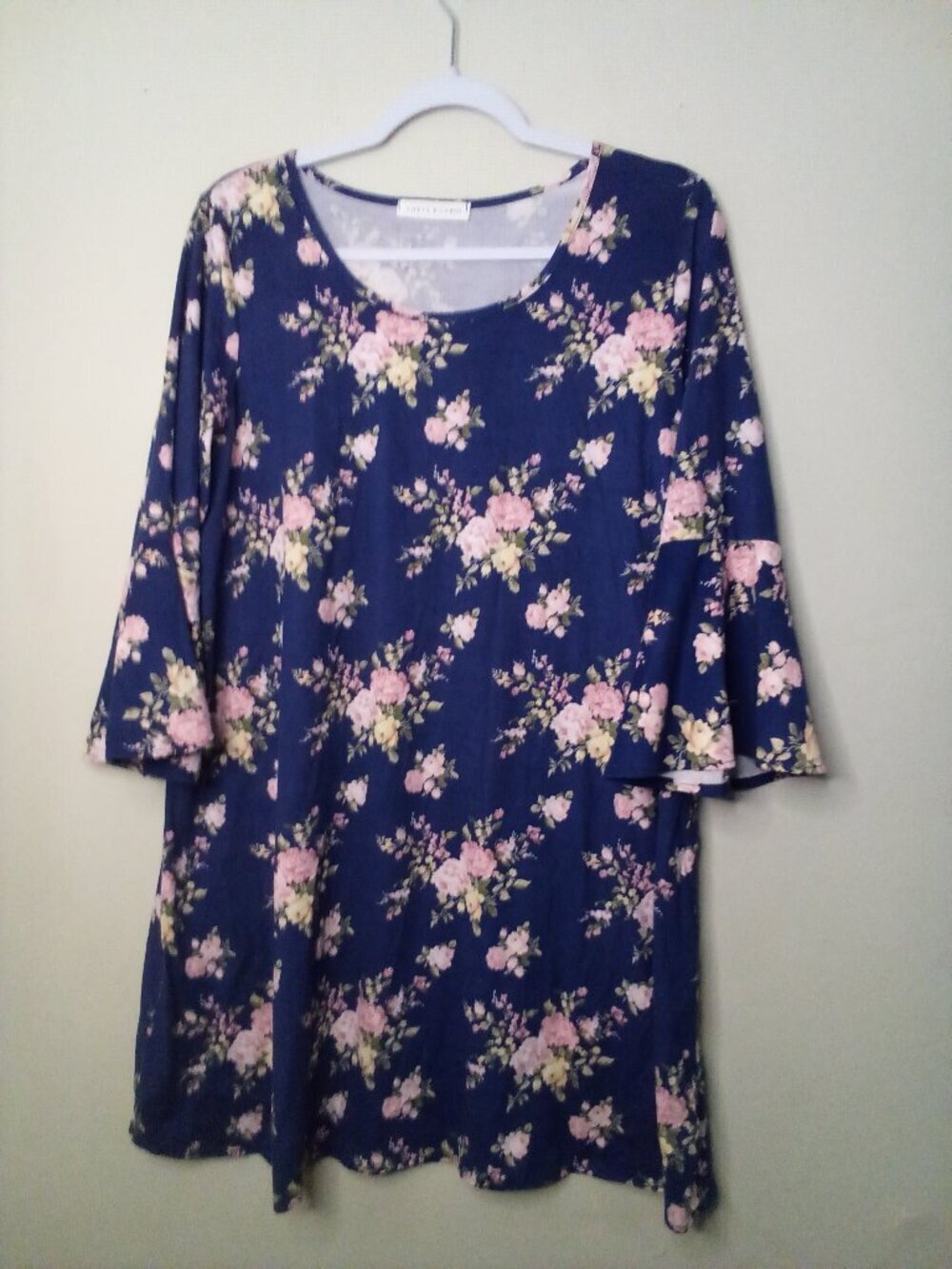 Chris & Carol Tunic Top Women L Shirt Half Bell Sleeve Soft Floral Blue Pink
